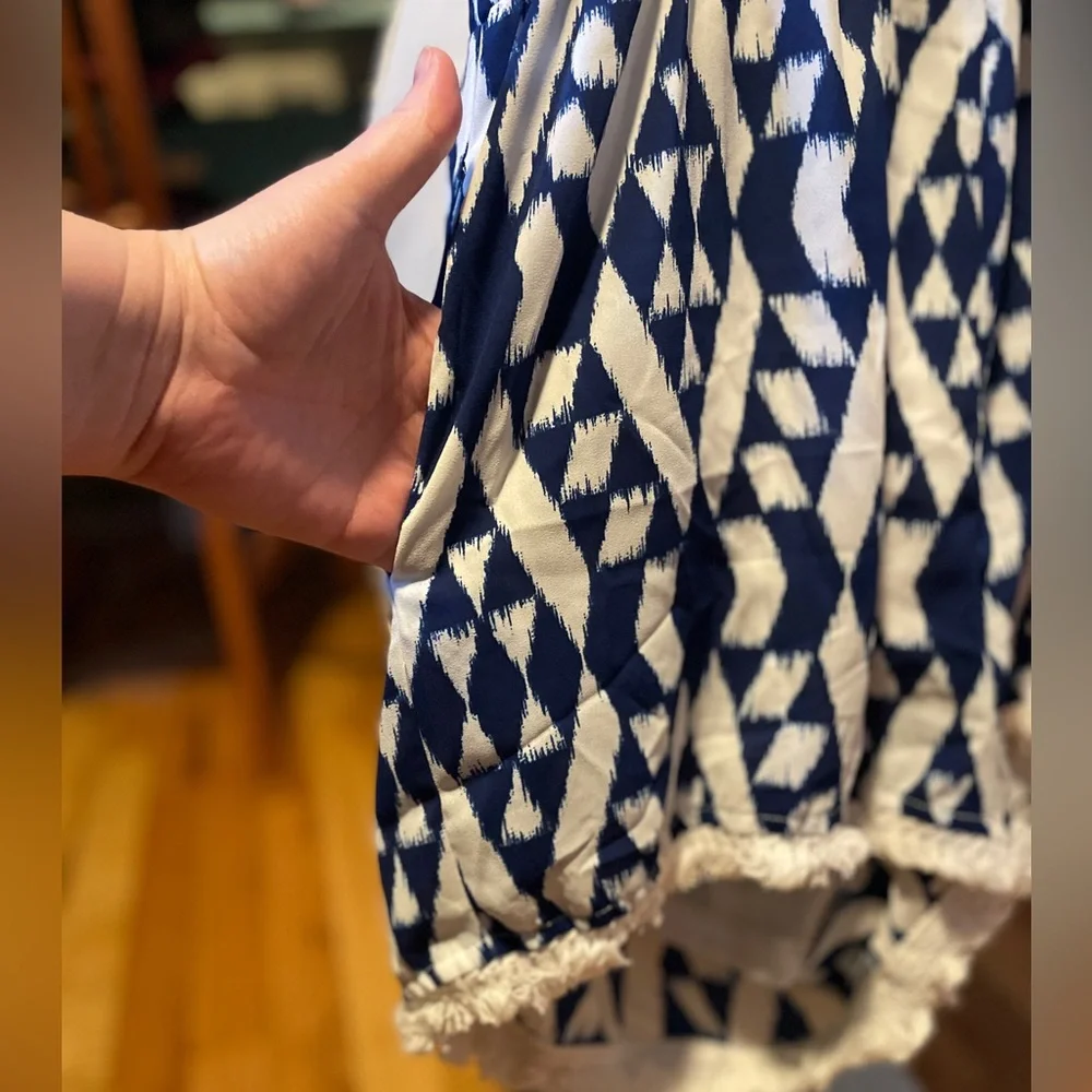 Blue and White Romper Geometric western boho beaded stretchy V-neck wrap beach